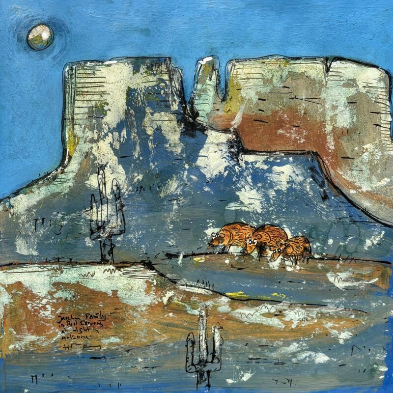 Painting 3 javelinas at night by Maury Hervé | Painting Raw art Animals