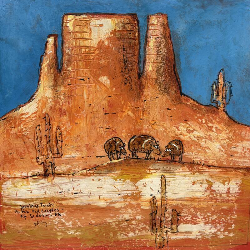 Peinture 3 javelinas in Arizona par Maury Hervé | Tableau Art Singulier Animaux