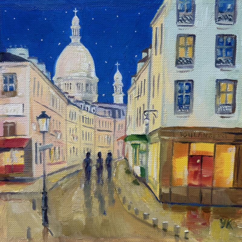 Peinture Nuit étoilée à Montmartre par Kochevykh Yulia | Tableau Réalisme Paysages Urbain Architecture Huile