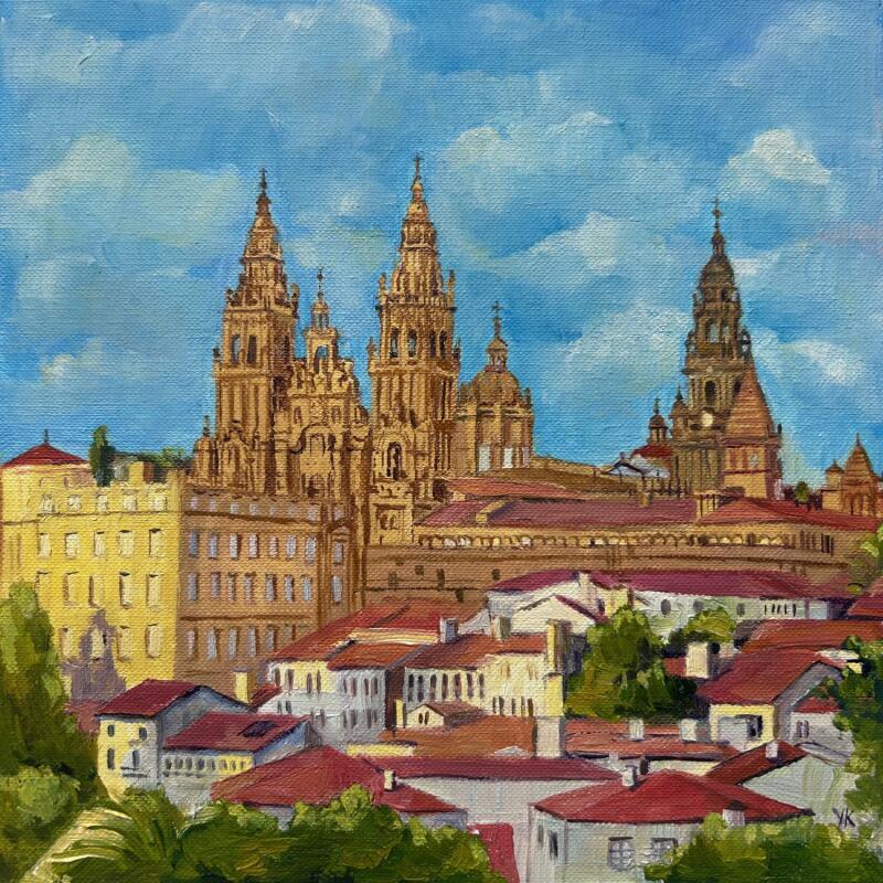 Peinture Cathédrale de Saint-Jacques-de-Compostelle par Kochevykh Yulia | Tableau Réalisme Paysages Urbain Architecture Huile