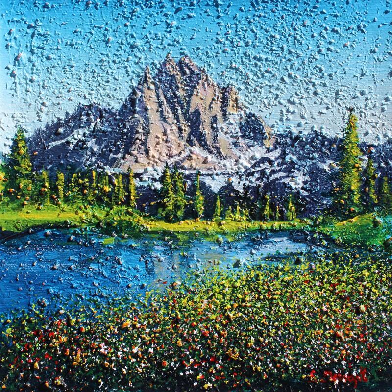 Painting Entre lac et montagne by Dessapt Elika | Painting Impressionism Acrylic Sand