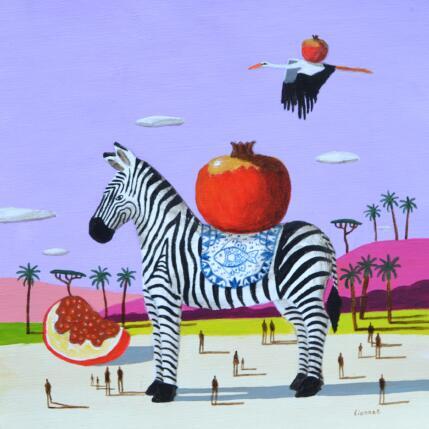 Painting zèbre et cigogne aux grenades by Lionnet Pascal | Painting Surrealism Acrylic Animals, Life style, Still-life