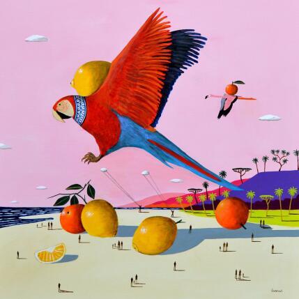 Peinture Ara et flamant rose  par Lionnet Pascal | Tableau Surréalisme Acrylique Animaux, Marine, Scènes de vie