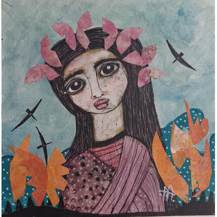 Gemälde La pequeña discípula von Arias Parera Almudena | Gemälde Naive Kunst Acryl, Collage Pop-Ikonen