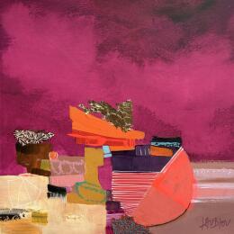 Painting Coucher de lune by Lau Blou | Painting Abstract Acrylic, Cardboard, Gluing, Gold leaf, Pastel Pop icons