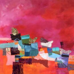 Painting Ondes du soir by Lau Blou | Painting Abstract Acrylic, Cardboard, Gluing, Gold leaf, Pastel