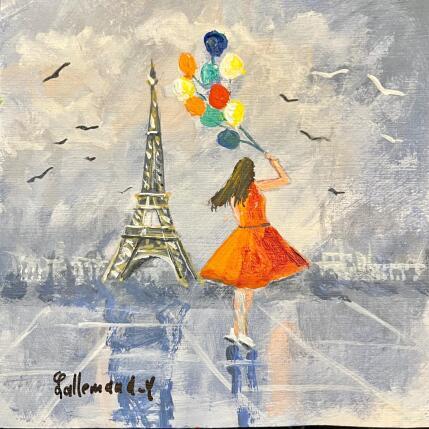 Peinture Jeune fille lâchant des ballons par Lallemand Yves | Tableau Figuratif Acrylique Urbain