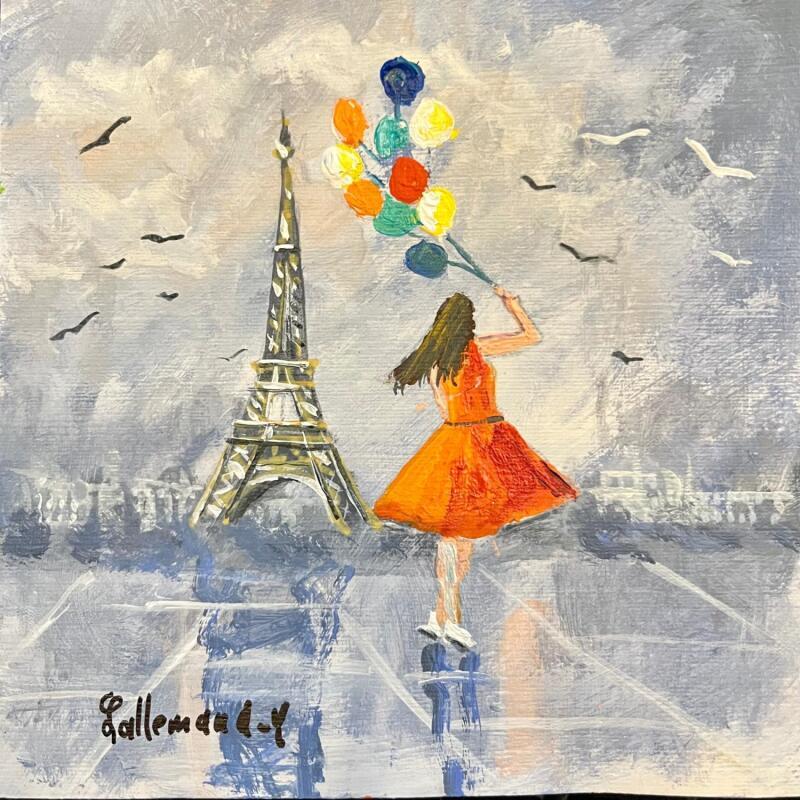 Peinture Jeune fille lâchant des ballons par Lallemand Yves | Tableau Figuratif Urbain Acrylique