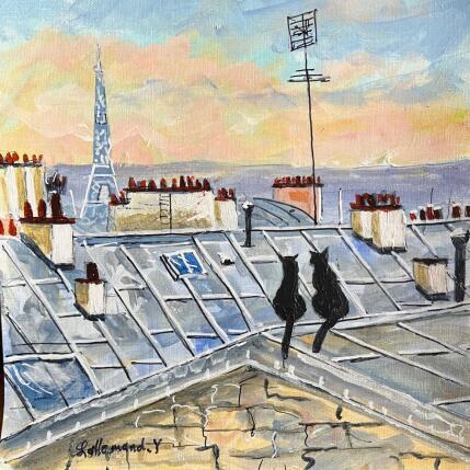 Peinture Chats sur les toits parisiens par Lallemand Yves | Tableau Figuratif Acrylique Urbain