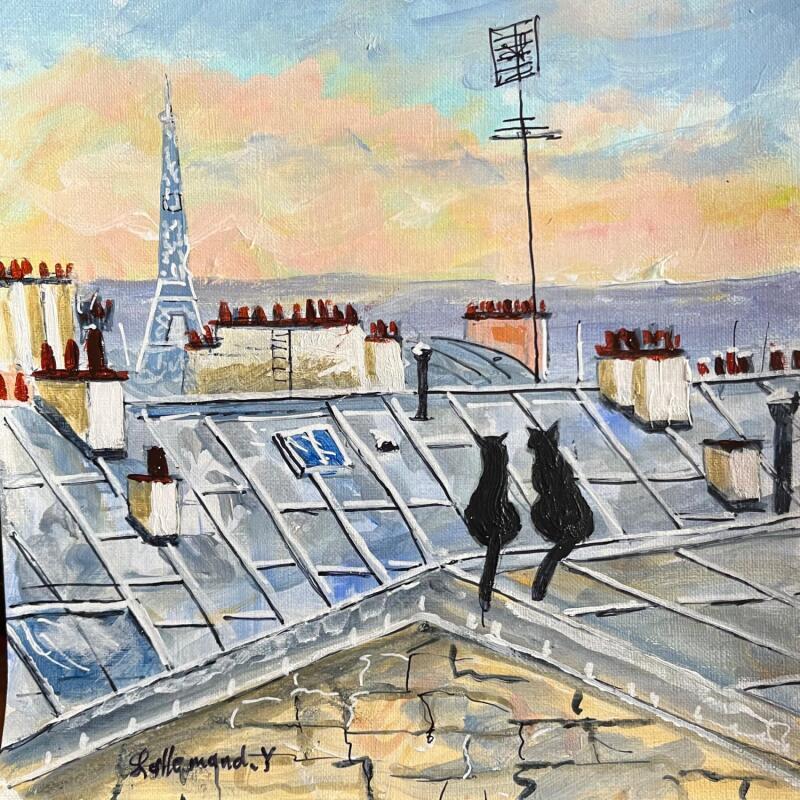 Peinture Chats sur les toits parisiens par Lallemand Yves | Tableau Figuratif Urbain Acrylique