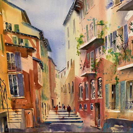 Gemälde Les rues enchantées du Vieux Nice von Bailly Kévin | Gemälde Figurativ Aquarell, Tinte Architektur, Urban