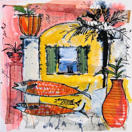 Painting Fenêtre sur la mer by Colombo Cécile | Painting Naive art Acrylic, Gluing, Ink, Pastel, Watercolor Landscapes, Life style