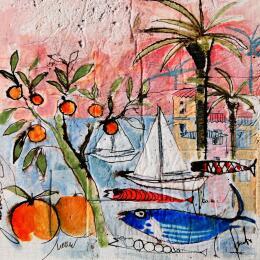 Peinture Soleil rose  par Colombo Cécile | Tableau Art naïf Acrylique, Aquarelle, Collage, Encre, Pastel Paysages