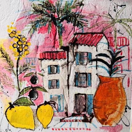 Painting La maison aux mimosas by Colombo Cécile | Painting Naive art Acrylic, Gluing, Ink, Pastel, Watercolor Landscapes, Pop icons