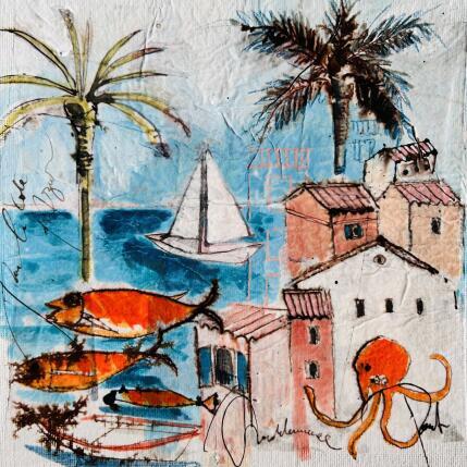 Peinture La passion du poulpe par Colombo Cécile | Tableau Art naïf Acrylique, Aquarelle, Collage, Encre, Pastel Paysages, Scènes de vie