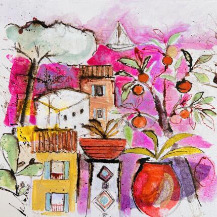 Peinture Oranges roses par Colombo Cécile | Tableau Art naïf Acrylique, Aquarelle, Collage, Encre, Pastel Paysages