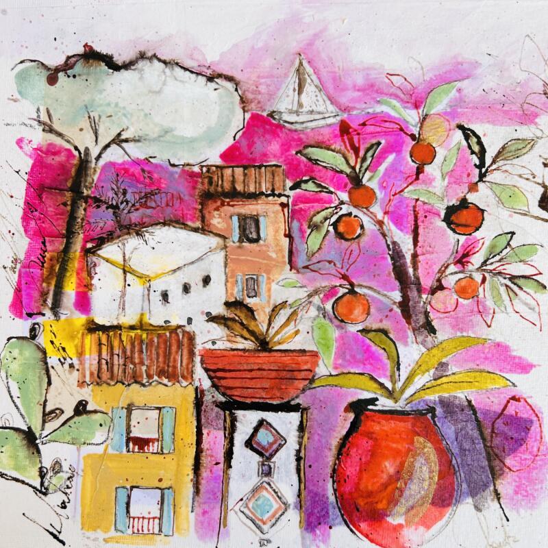 Peinture Oranges roses par Colombo Cécile | Tableau Art naïf Paysages Aquarelle Acrylique Collage Encre Pastel