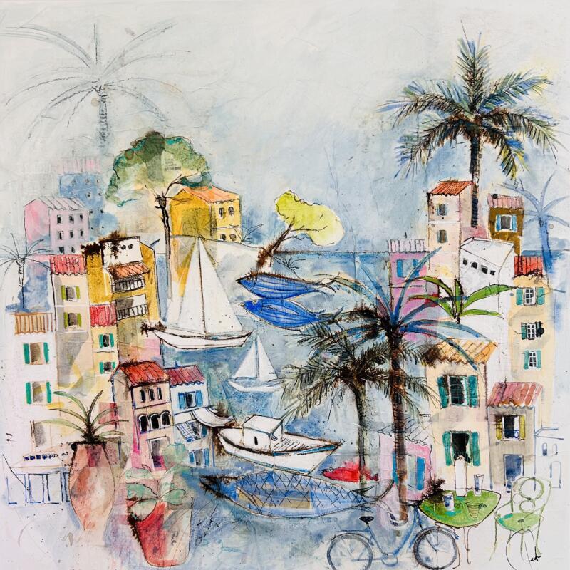 Painting Farniente au bord de l’eau by Colombo Cécile | Painting Naive art Landscapes Life style Watercolor Acrylic Gluing Ink Pastel