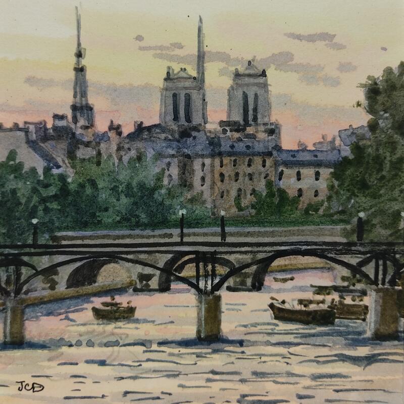 Peinture Paris, Passerelle des Arts et Notre-Dame  par Decoudun Jean charles | Tableau Figuratif Urbain Aquarelle