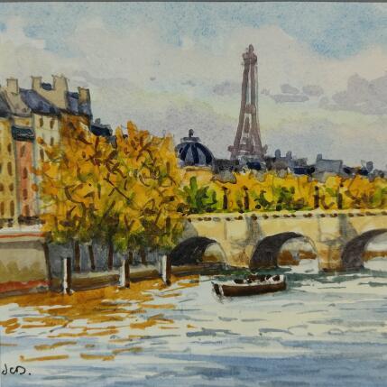 Peinture Paris, Pont-Neuf et Tour Eiffel par Decoudun Jean charles | Tableau Figuratif Aquarelle Urbain