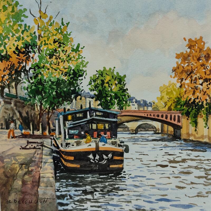 Peinture Paris, péniches sur la Seine par Decoudun Jean charles | Tableau Figuratif Urbain Aquarelle