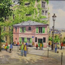 Painting Paris, Montmartre, La Maison Rose  by Decoudun Jean charles | Painting Figurative Watercolor Urban