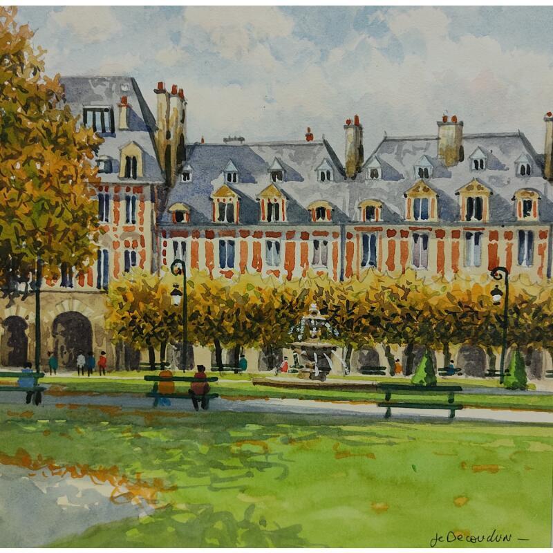 Peinture Paris, La Place des Vosges  par Decoudun Jean charles | Tableau Figuratif Urbain Aquarelle