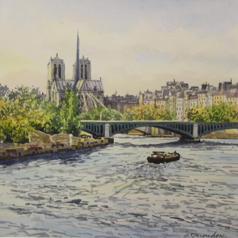Gemälde Paris, Notre-Dame et le Pont de Sully  von Decoudun Jean charles | Gemälde Figurativ Urban Aquarell