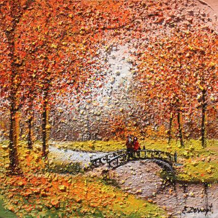 Peinture Sur le pont d'automne par Dessapt Elika | Tableau Impressionnisme Acrylique, Sable