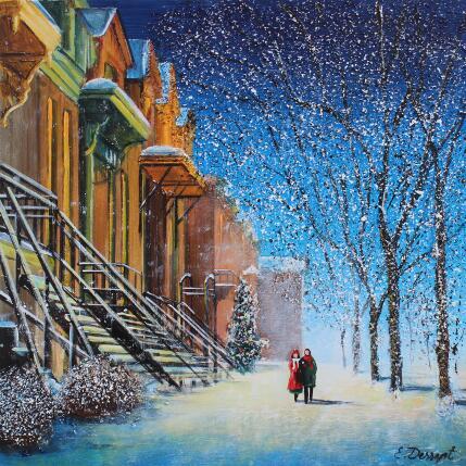 Peinture Notre promenade sous la neige de Montréal par Dessapt Elika | Tableau Impressionnisme Acrylique, Sable