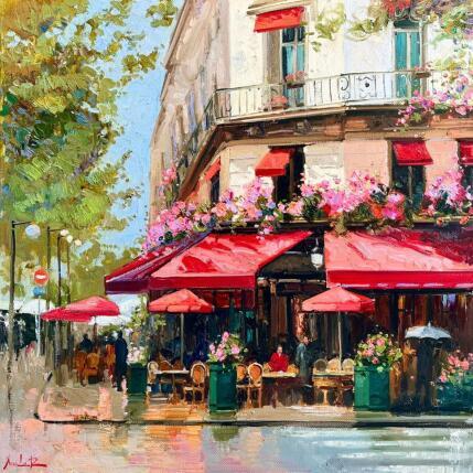 Peinture Parisian Café with Red Awnings par Xanlar | Tableau Impressionnisme Huile Architecture, Paysages
