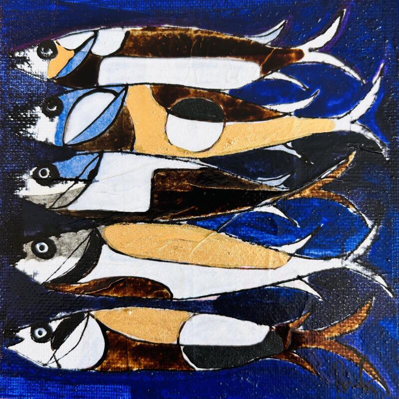 Gemälde Engraulidés von Colombo Cécile | Gemälde Naive Kunst Tiere Aquarell Acryl Collage Tinte Pastell