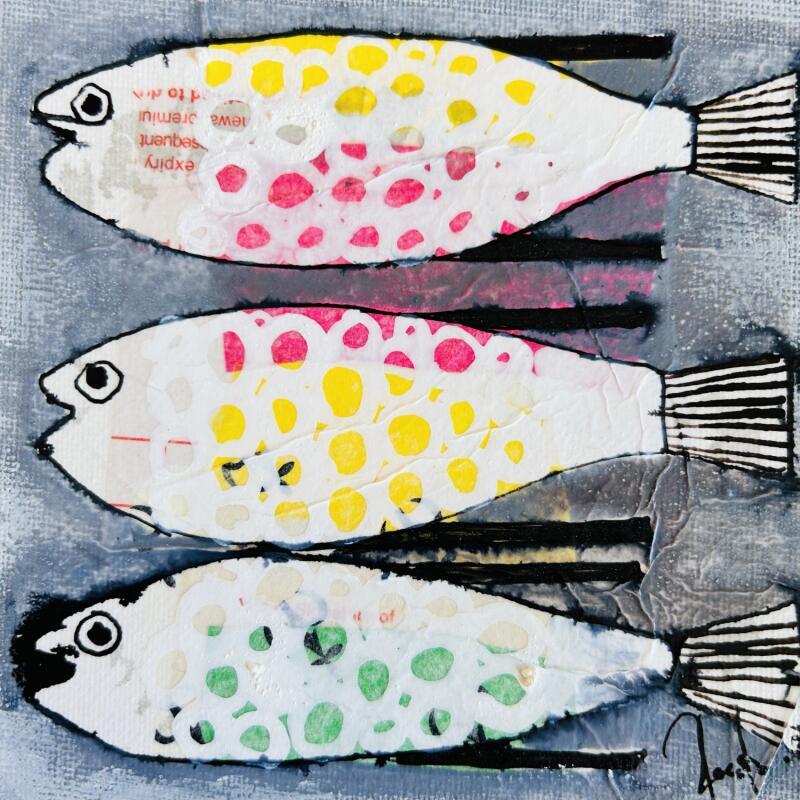 Peinture Les gardons tous ronds  par Colombo Cécile | Tableau Art naïf Animaux Aquarelle Acrylique Collage Encre Pastel