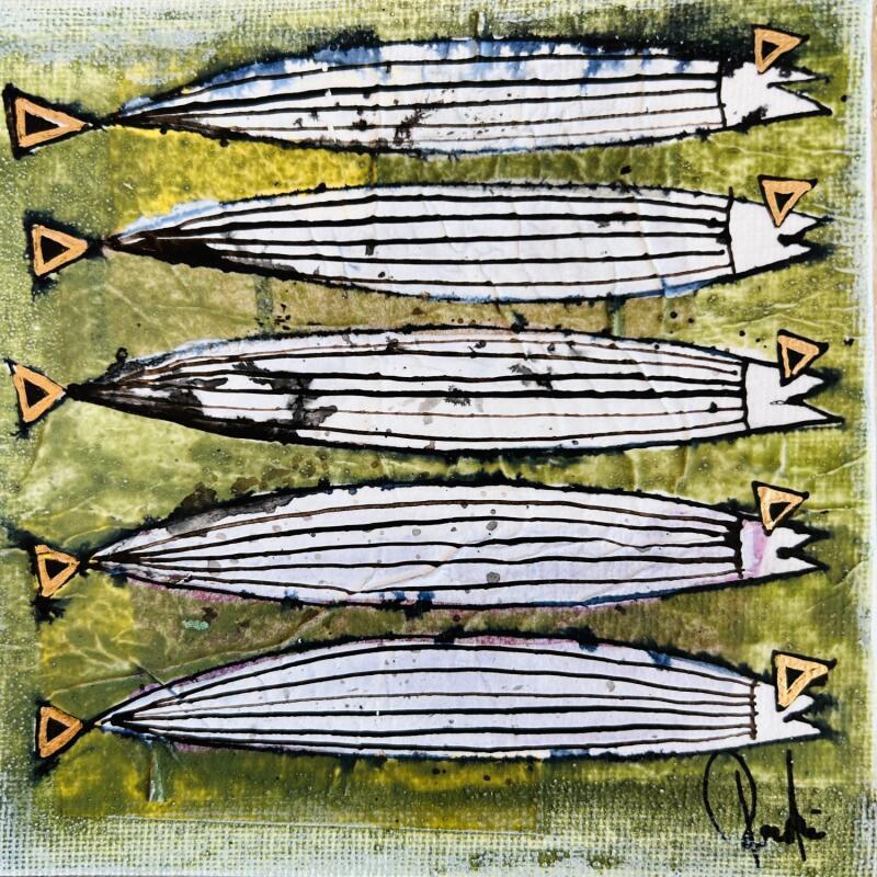 Gemälde Anchois, marinés von Colombo Cécile | Gemälde Naive Kunst Aquarell Acryl Collage Tinte Pastell