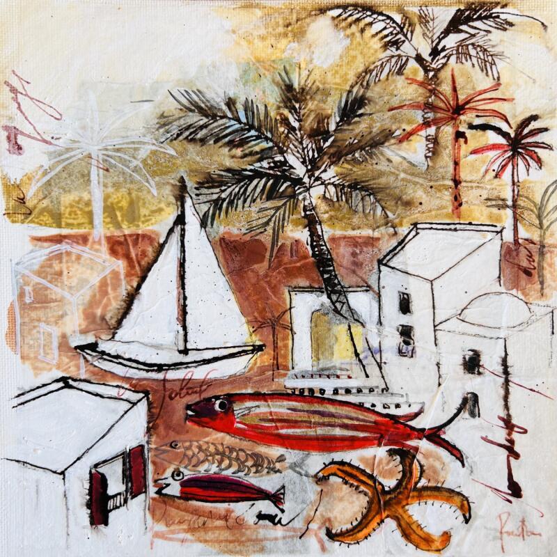 Gemälde Mer d’argile von Colombo Cécile | Gemälde Naive Kunst Landschaften Alltagsszenen Aquarell Acryl Collage Tinte Pastell