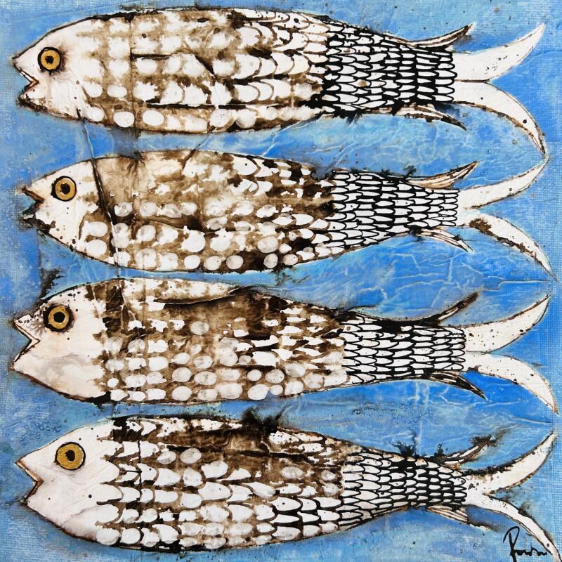 Gemälde Saumons von Colombo Cécile | Gemälde Naive Kunst Tiere Aquarell Acryl Collage Tinte Pastell