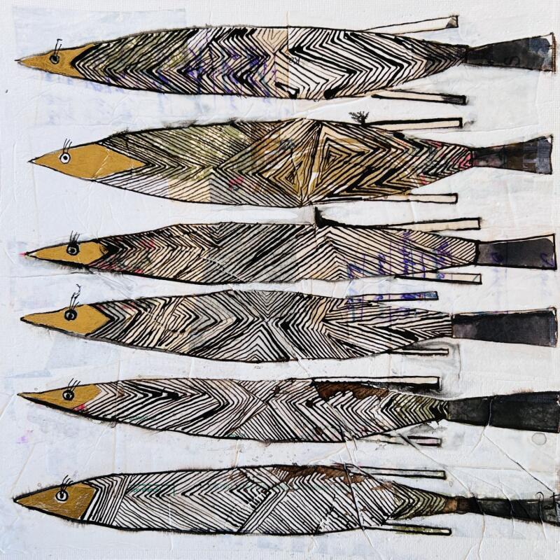 Gemälde Sardines à paillettes von Colombo Cécile | Gemälde Naive Kunst Tiere Aquarell Acryl Collage Tinte Pastell