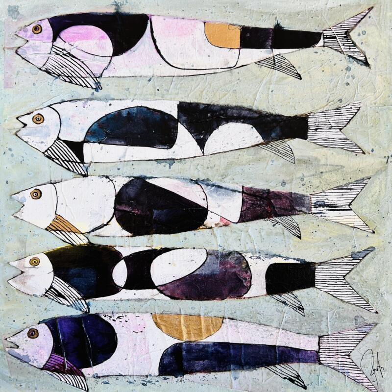 Peinture Bars en filets par Colombo Cécile | Tableau Art naïf Animaux Aquarelle Acrylique Collage Encre Pastel