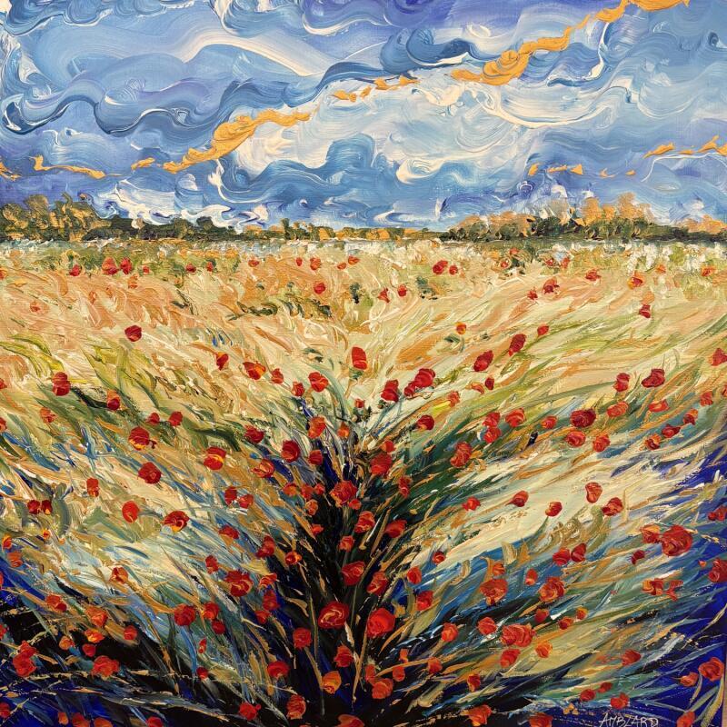 Peinture Champ de blé doré et coquelicots par Amblard Florence | Tableau