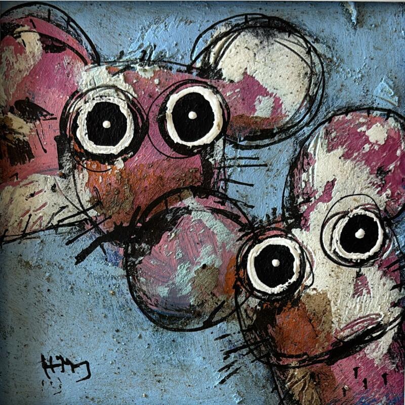 Peinture 2 souris roses par Maury Hervé | Tableau Art Singulier Animaux Acrylique Encre