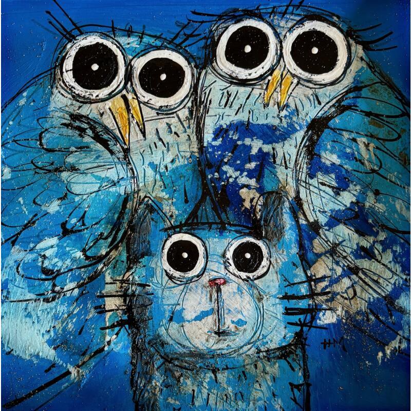 Painting minou et les deux chouettes by Maury Hervé | Painting Raw art Animals Acrylic Ink