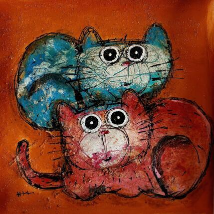 Peinture minou rouge et minou bleu par Maury Hervé | Tableau Art Singulier Acrylique, Encre Animaux