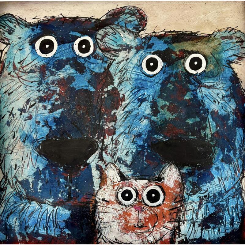 Painting Minou et les deux ours bleus by Maury Hervé | Painting Raw art Animals Acrylic Ink