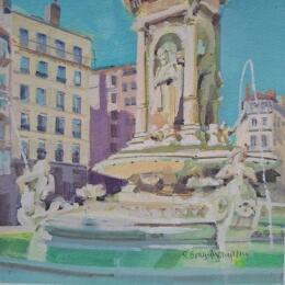 Peinture Fontaine Jocobins Lyon par Gray Thompson Rachael | Tableau Figuratif Gouache Architecture, Urbain