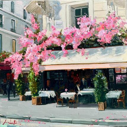 Peinture Under the Pink Blossoms par Xanlar | Tableau Impressionnisme Huile Architecture, Urbain