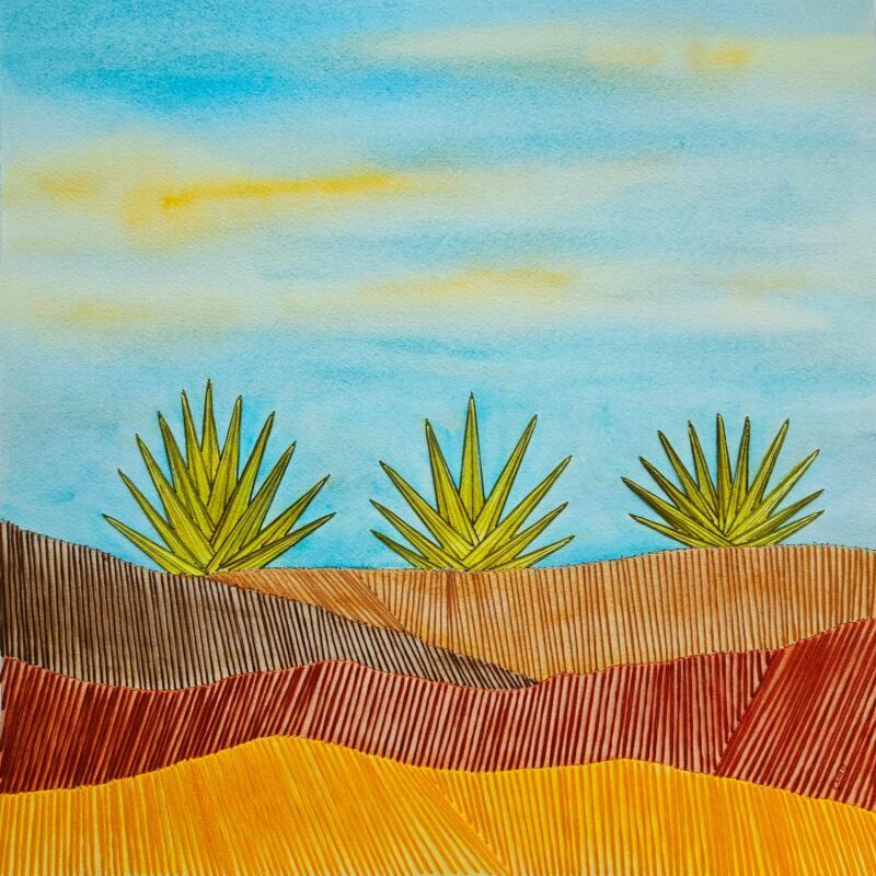 Painting Under the heat by Vazquez Laila | Painting Figurative Landscapes Watercolor Textile