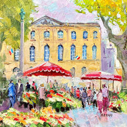 Peinture Marché aux fleurs sur la place de la mairie  par Arkady | Tableau Figuratif Huile