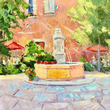 Peinture Fontaine place des trois Ormaux par Arkady | Tableau Figuratif Huile