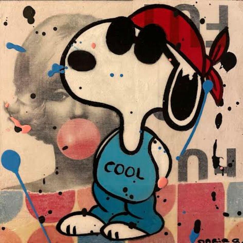 Gemälde F1 Snoopy cool von Marie G.  | Gemälde Pop-Art Pop-Ikonen Holz Acryl Collage
