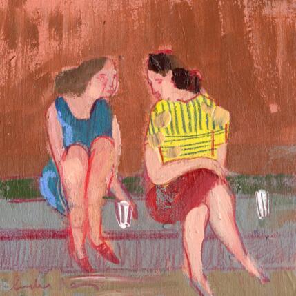 Peinture J'aurais tellement de choses à vous raconter, autour d'un Aperol Spritz par Lourdes Ral | Tableau Figuratif Acrylique Scènes de vie